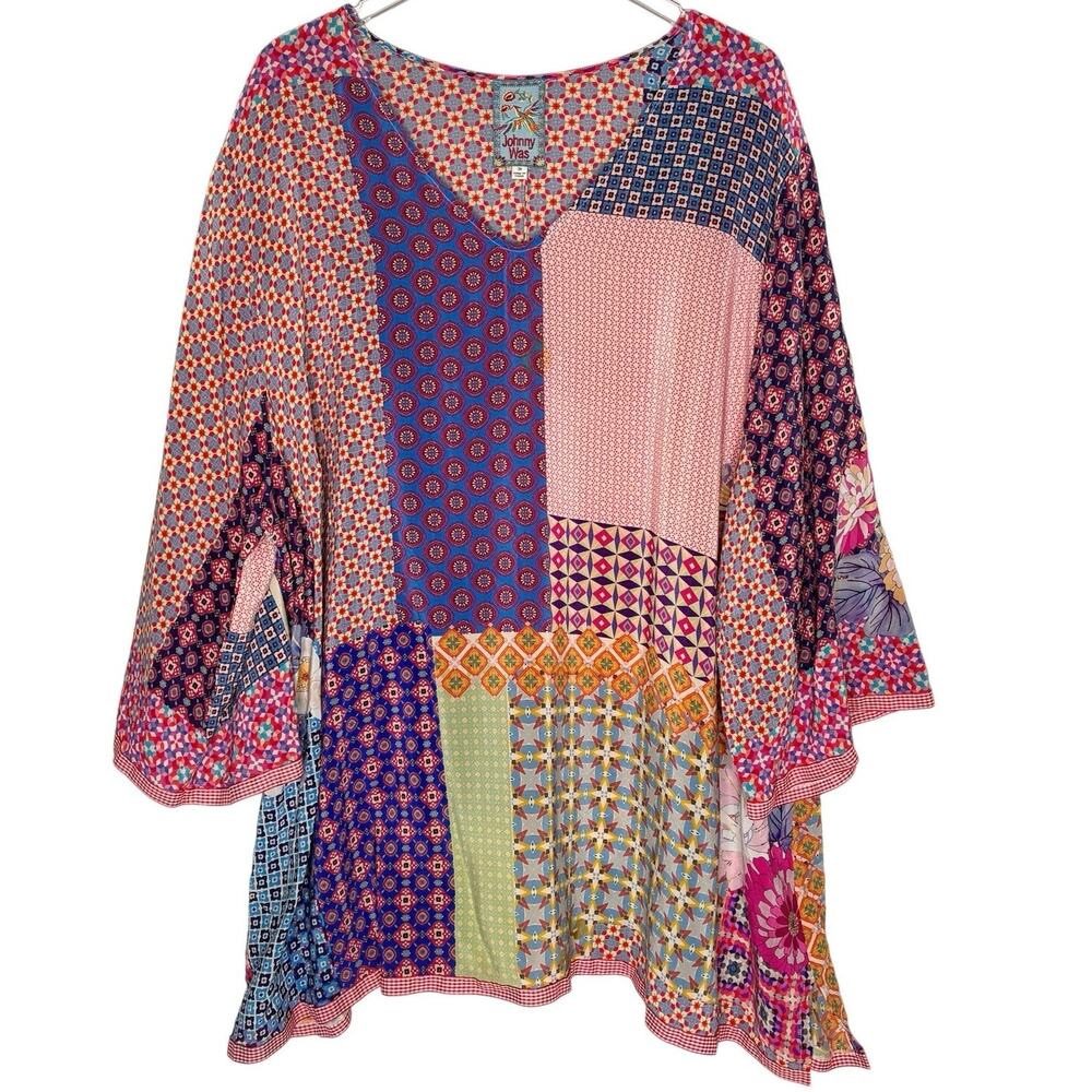 Johnny Was Patchwork Patterned Top 3X 100% Silk P… - image 1